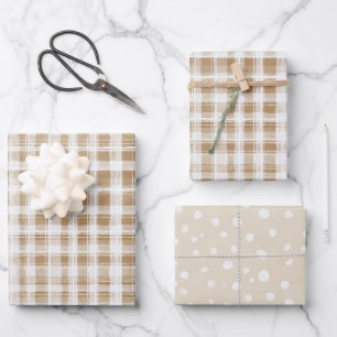 Tan Cream Plaid Stripes Birthday Wrapping Paper Sheet