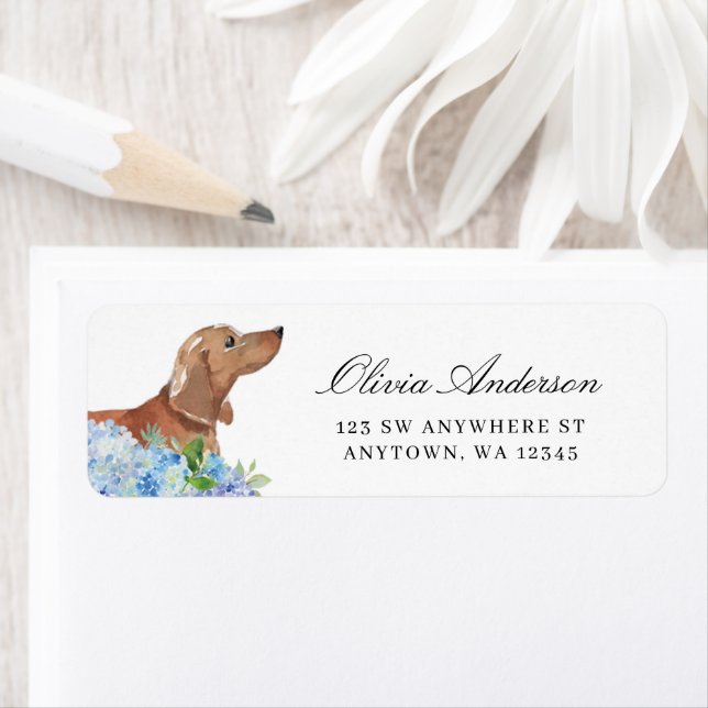 Tan Dachshund Blue Hydrangea Return Address (Insitu)