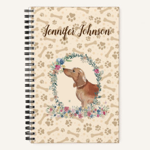 Tan Dachshund Dog Paw Print & Floral Cute Notebook