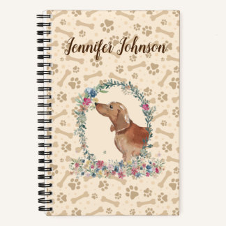 Tan Dachshund Dog Paw Print & Floral Cute Notebook