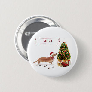 Tan Dachshund Funny Christmas Dog with Tree 6 Cm Round Badge