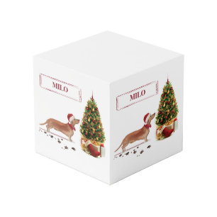 Tan Dachshund Funny Christmas Dog with Tree Cube