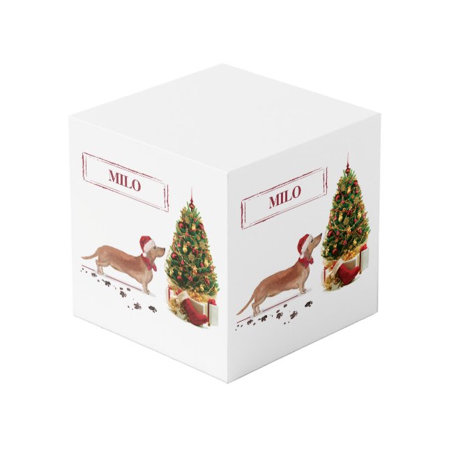 Tan Dachshund Funny Christmas Dog with Tree Cube (Back Angled)