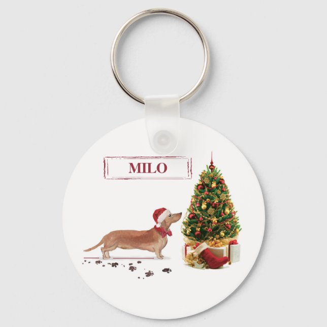 Tan Dachshund Funny Christmas Dog with Tree Key Ring (Front)