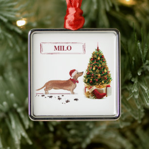Tan Dachshund Funny Christmas Dog with Tree Metal Tree Decoration