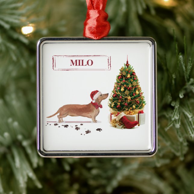 Tan Dachshund Funny Christmas Dog with Tree Metal Tree Decoration (Tree)