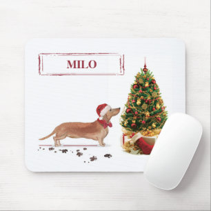 Tan Dachshund Funny Christmas Dog with Tree Mouse Mat