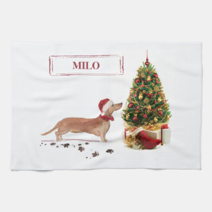 Tan Dachshund Funny Christmas Dog with Tree Tea Towel