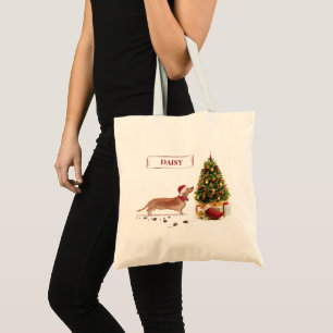 Tan Dachshund Funny Christmas Dog with Tree Tote Bag