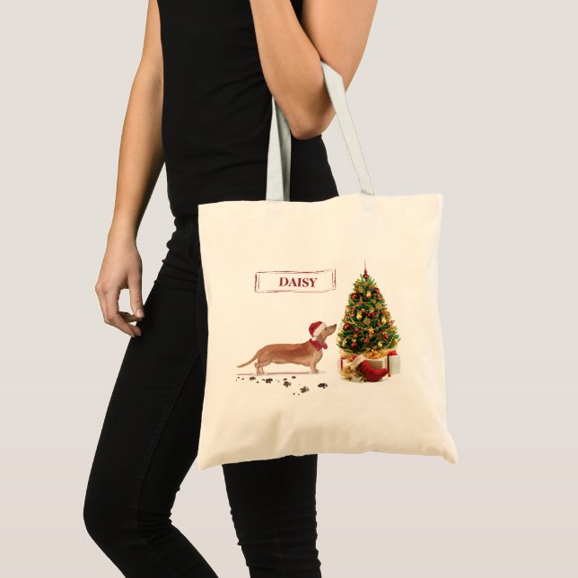 Tan Dachshund Funny Christmas Dog with Tree Tote Bag (Front (Product))