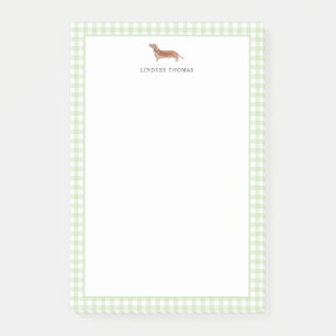 Tan Dachshund Green Gingham Border Personalised Post-it Notes