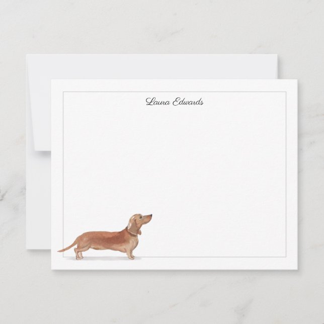 Tan Dachshund Grey Border Personalised Stationery Card (Front)
