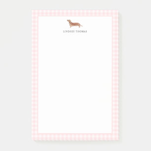 Tan Dachshund Pink Gingham Border Personalised Post-it Notes