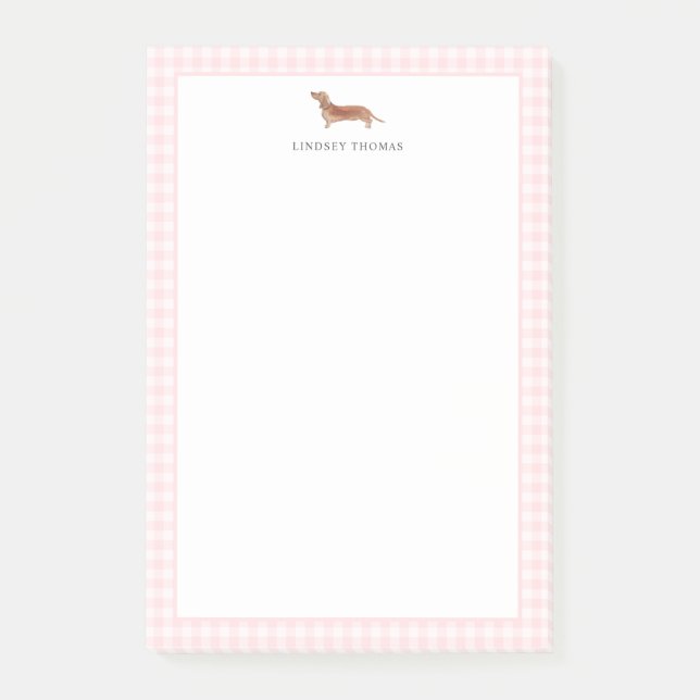 Tan Dachshund Pink Gingham Border Personalised Post-it Notes (Front)