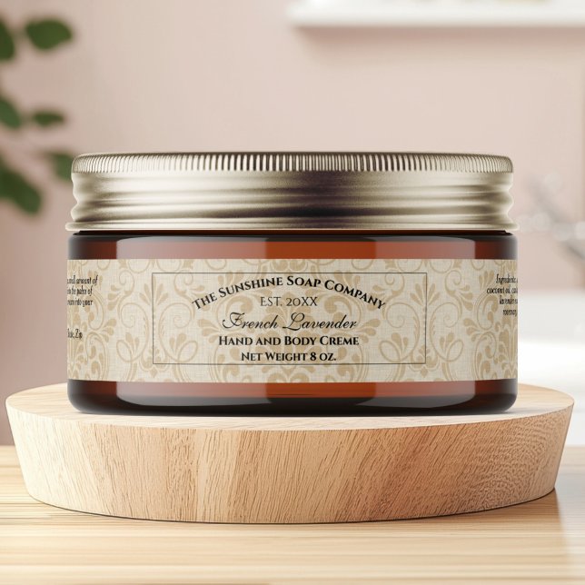Tan Damask Linen Paper Style Cosmetics Jar Label (Creator Uploaded)