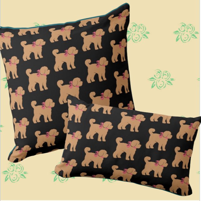 Tan Doodle Dog Black Background Pillow (Fun doodle decor!)