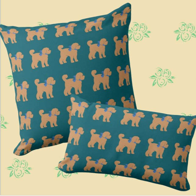 Tan Doodle Dog Dark Blue Green Pillow (Every doodle family needs one of these pillows!)