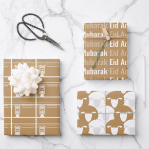 Tan Eid Adha Mubarak Kaaba Sheep Pattern Wrapping Paper Sheet