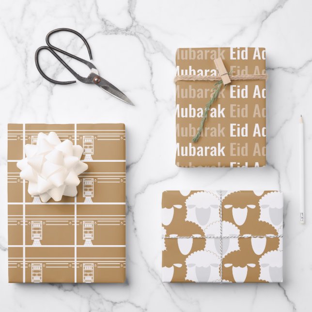Tan Eid Adha Mubarak Kaaba Sheep Pattern Wrapping Paper Sheet (Front)