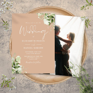 Tan Elegant Greenery Floral Photo Wedding  Invitation