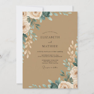 Tan Eucalyptus Peony Wedding Invitation