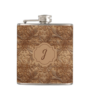 Tan Faux Tooled Leather Vinyl  Hip Flask