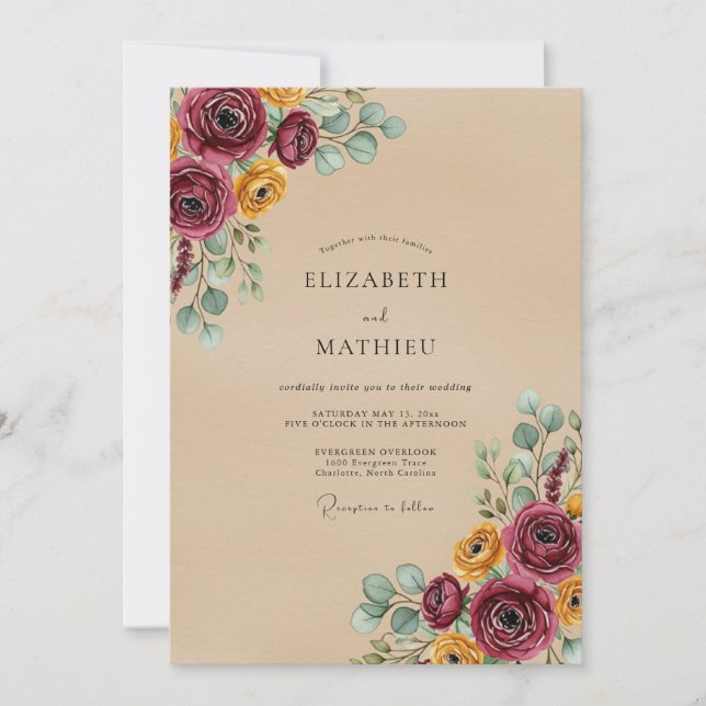 Tan Floral Autumnal Wedding Invitation (Front)