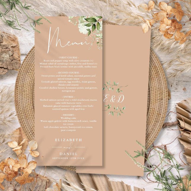 Tan Floral Greenery Monogram Wedding Dinner Menu (Creator Uploaded)
