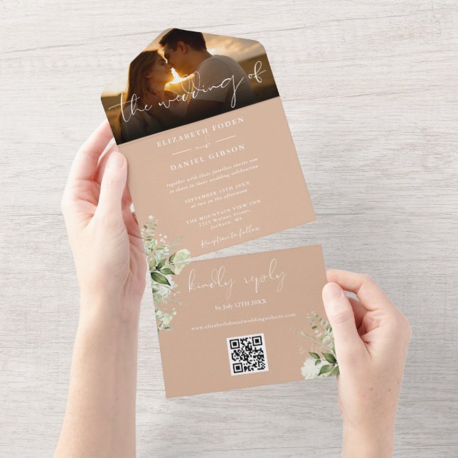 Tan Floral Greenery QR Code Wedding Photo All In One Invitation (Tearaway)