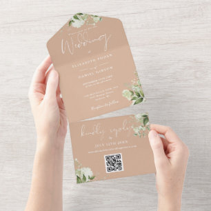 Tan Floral QR Code Monogram Wedding All In One Invitation