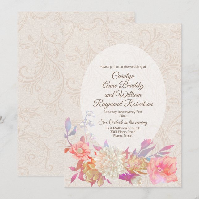 Tan Flourish Damask Colourful Floral Wedding Invitation (Front/Back)