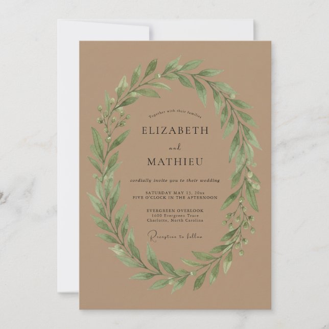 Tan Foliage Wreath Wedding Invitation (Front)