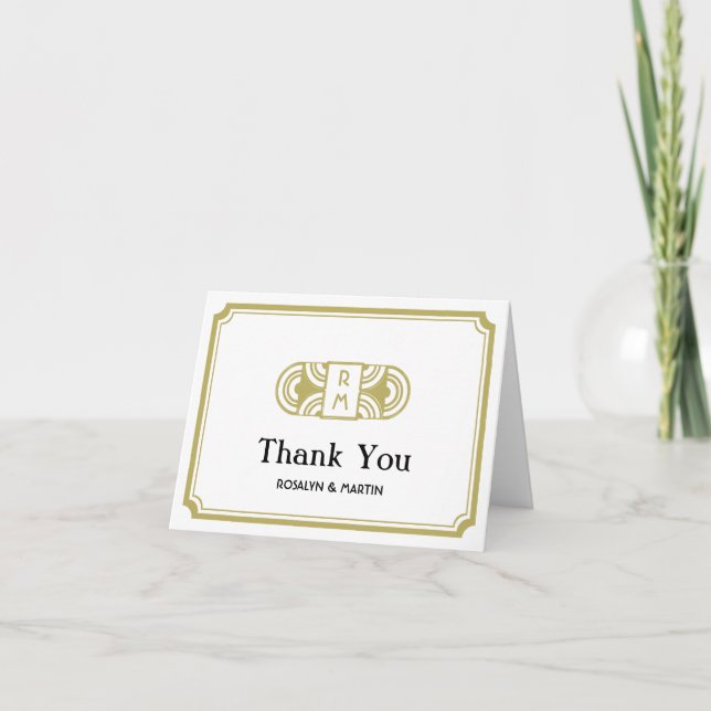 Tan frame black deco retro monogram thank you card (Front)