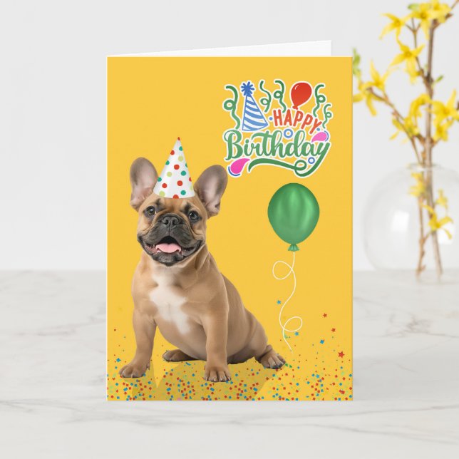 Tan French Bulldog Party Hat Yellow Birthday Card (Yellow Flower)