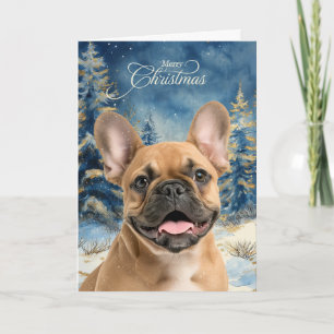 Tan French Bulldog Pine Winter Forest Christmas Holiday Card