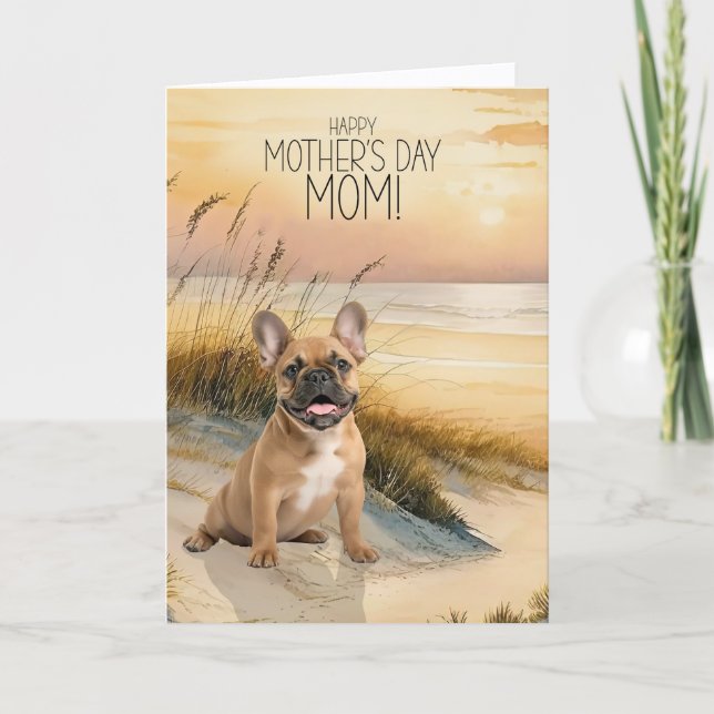 Tan French Bulldog Sunset Beach Mother's Day Holiday Card (Front)