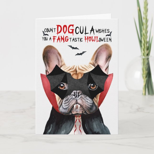 Tan Frenchie Dog Count DOGcula Funny Halloween Holiday Card (Front)