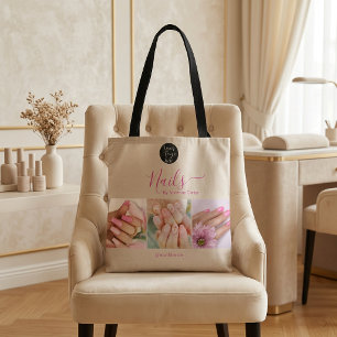 Tan Fuchsia Hot Pink Script Logo Photo Nail Salon Tote Bag