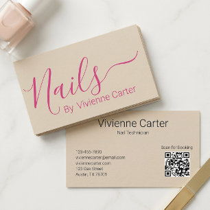 Tan Fuchsia Pink Typography Nail Technician Salon Business Card