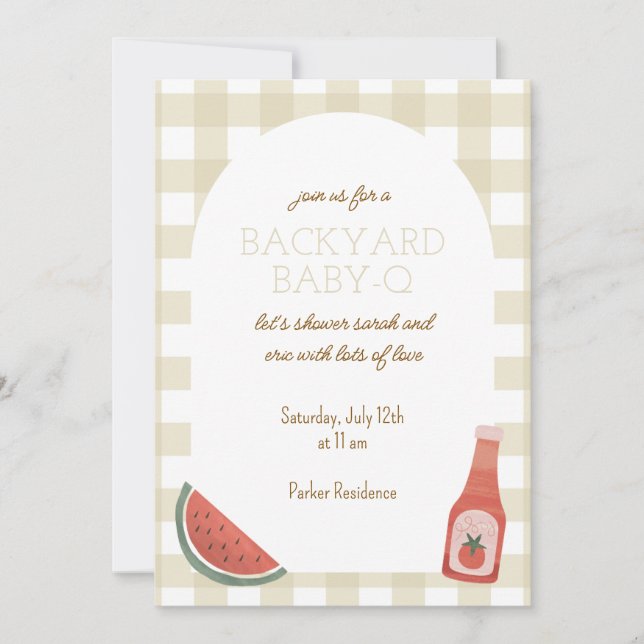 Tan Gingham Baby-Q Baby Shower Invitation (Front)