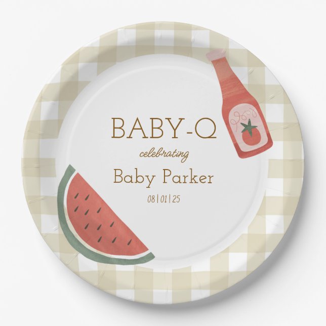 Tan Gingham Baby-Q Circular Plate (Front)