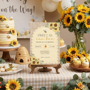 Tan Gingham Sunflower Bee Baby Shower Invitation