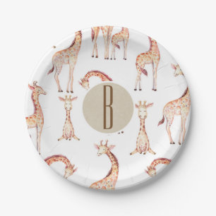 Tan Giraffes Baby Shower Monogram Letter Initial Paper Plate