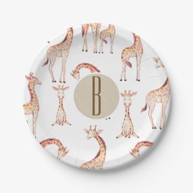 Tan Giraffes Baby Shower Monogram Letter Initial Paper Plate (Front)