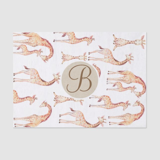 Tan Giraffes Baby Shower Monogram Letter Initial Tissue Paper (Front)