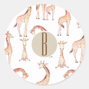 Tan Giraffes Baby Shower Monogram Party Favour Classic Round Sticker