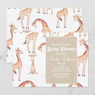 Tan Giraffes & Kraft Safari Whimsical Baby Shower Invitation