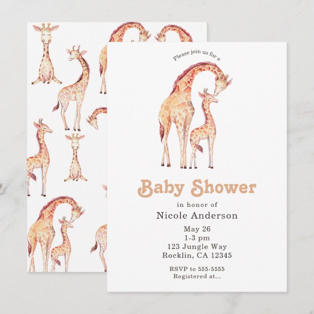 Tan Giraffes Whimsical Baby Shower Invitation (Front/Back)