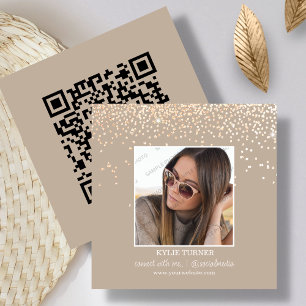 Tan Glitter Photo Social Media QR Code Square Business Card