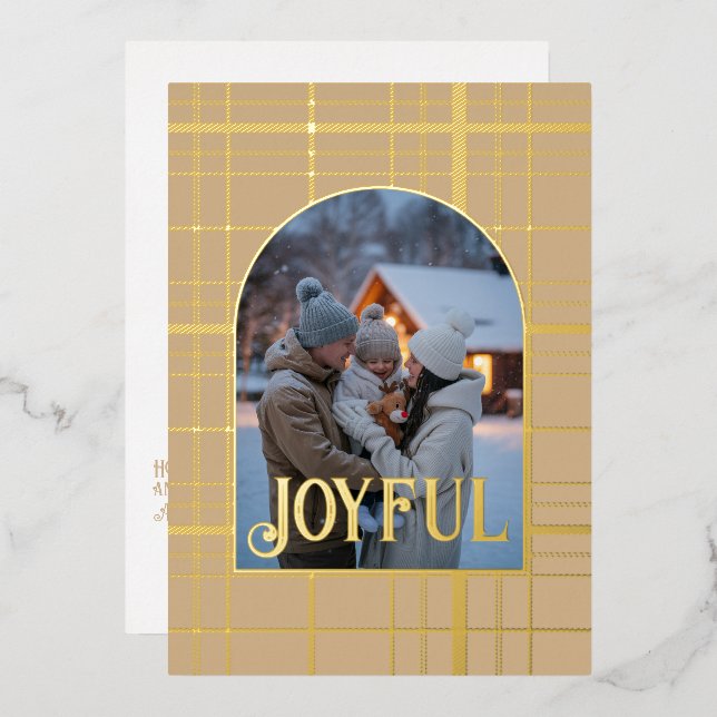 Tan & Gold Gingham Christmas Holiday Photo (Front/Back)